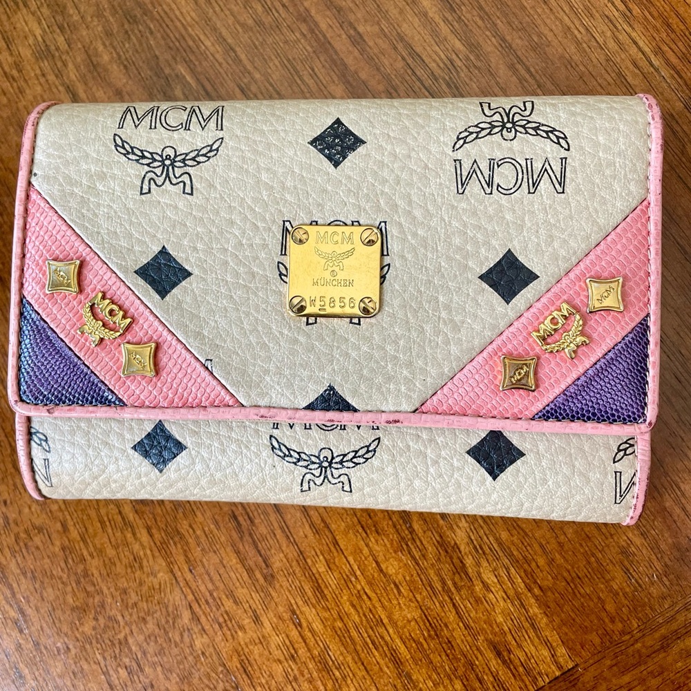MCM Visetos Studded Trifold Wallet Paste Pink Purple